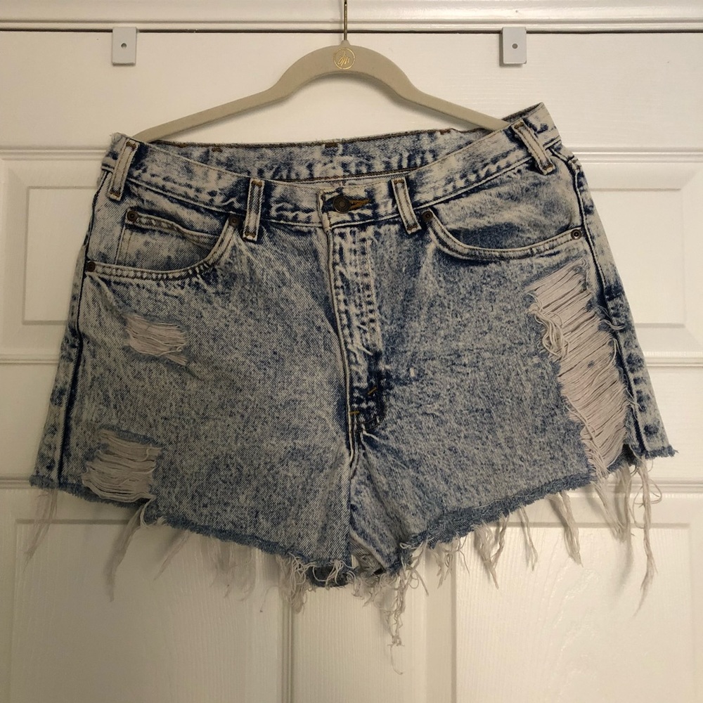 High Waisted Denim Shorts - Vintage Distressed Acid Washed
